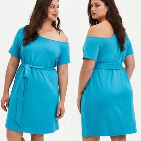 NWT Torrid Callie Off the Shoulder Terry T-Shirt Mini Dress In Blue 2X - Picture 1 of 9